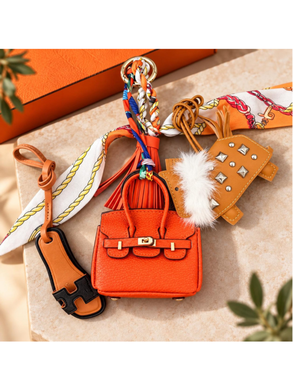 Bag Charm Gift Set, Orange Purse Charm, Mini Handbag Charm, Twilly Scarf Charm,